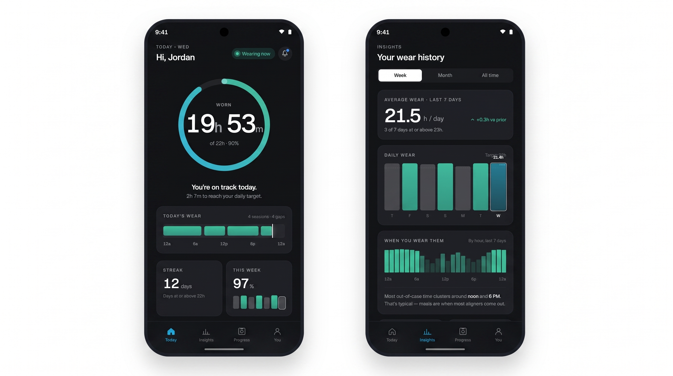 22hrs app screens showing daily wear time and weekly insights.